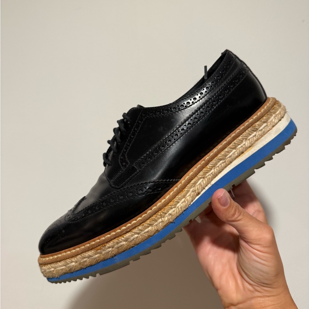 Prada Black Leather Oxford Espadrille with Blue Sole